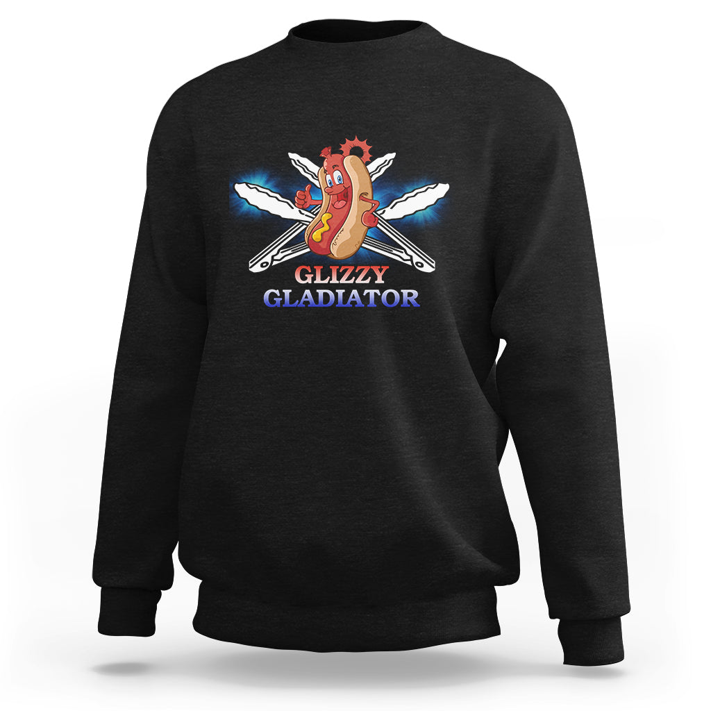 Black crewneck sweatshirt with hot dog warrior graphic and “Glizzy Gladiator” print