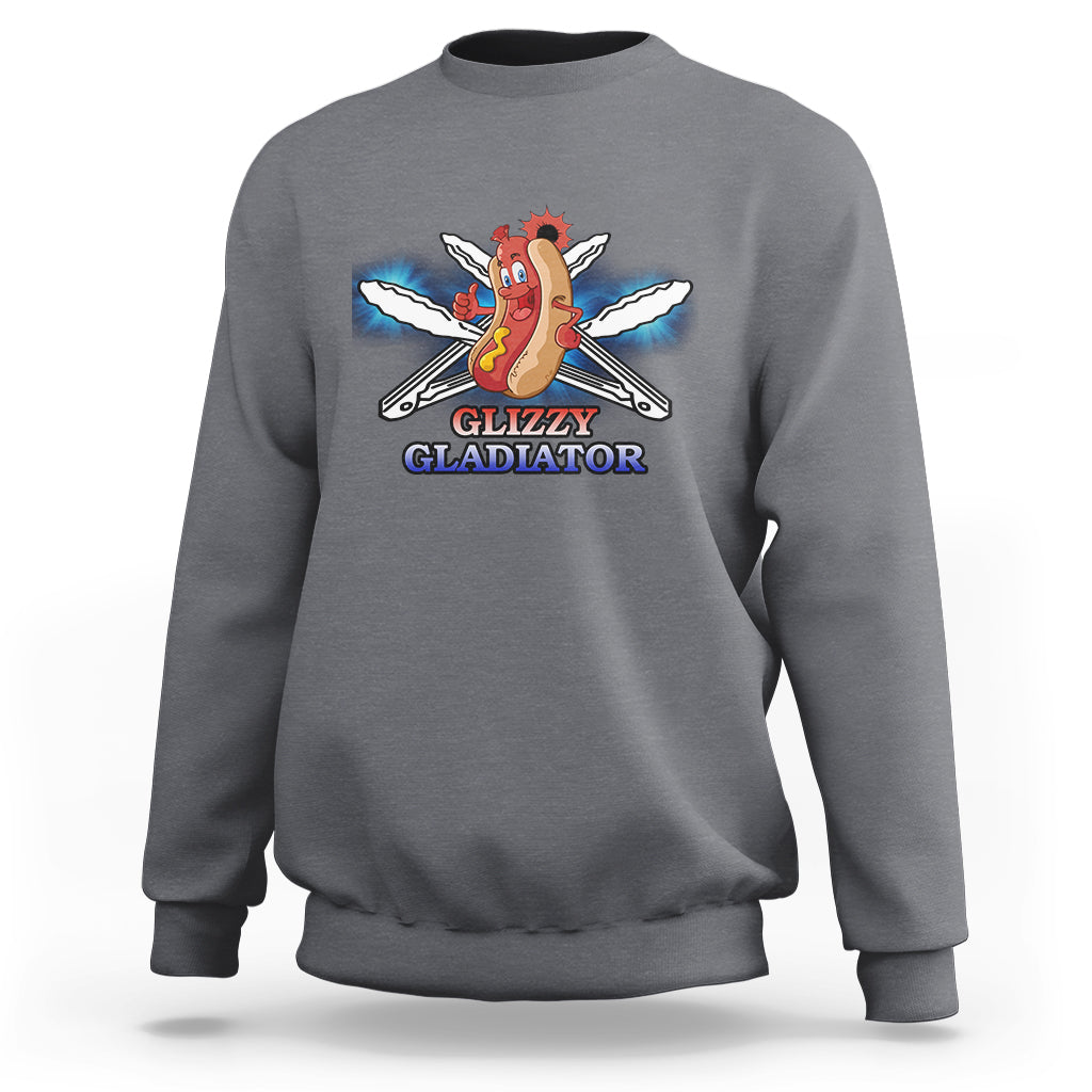 Charcoal crewneck sweatshirt with hot dog warrior graphic and “Glizzy Gladiator” print