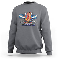 Charcoal crewneck sweatshirt with hot dog warrior graphic and “Glizzy Gladiator” print