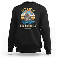 Black crewneck sweatshirt with “His Promises” Genesis 9:13 rainbow boat back print