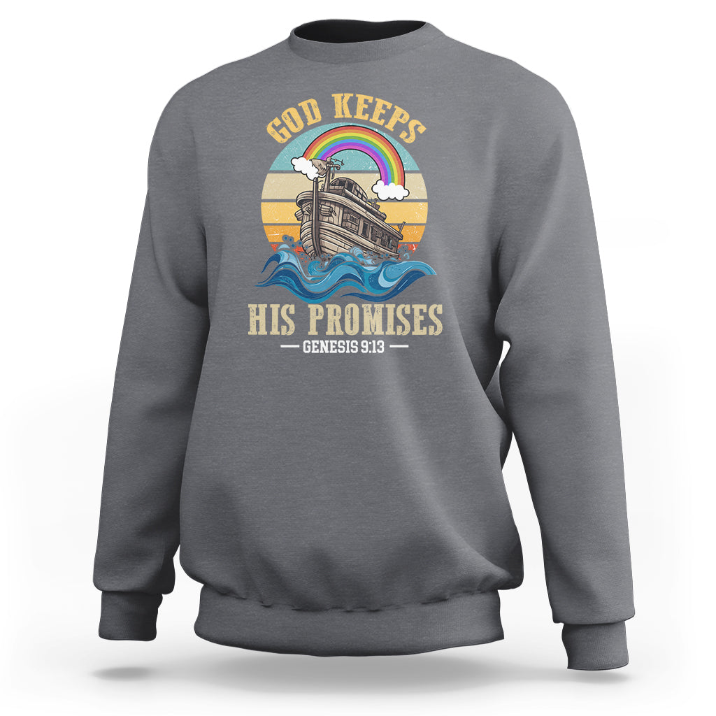 Gray crewneck sweatshirt with “His Promises” Genesis 9:13 rainbow boat back print