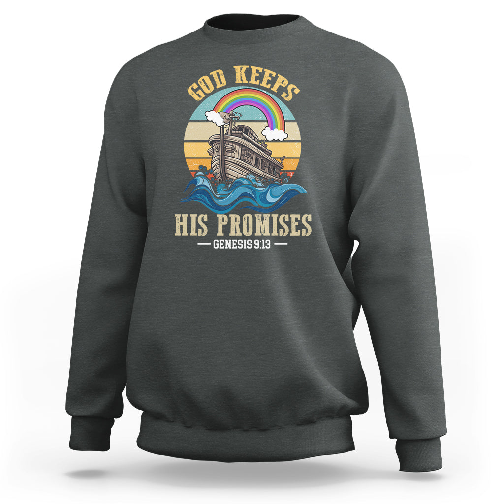 Dark gray crewneck sweatshirt with “His Promises” Genesis 9:13 rainbow boat back print
