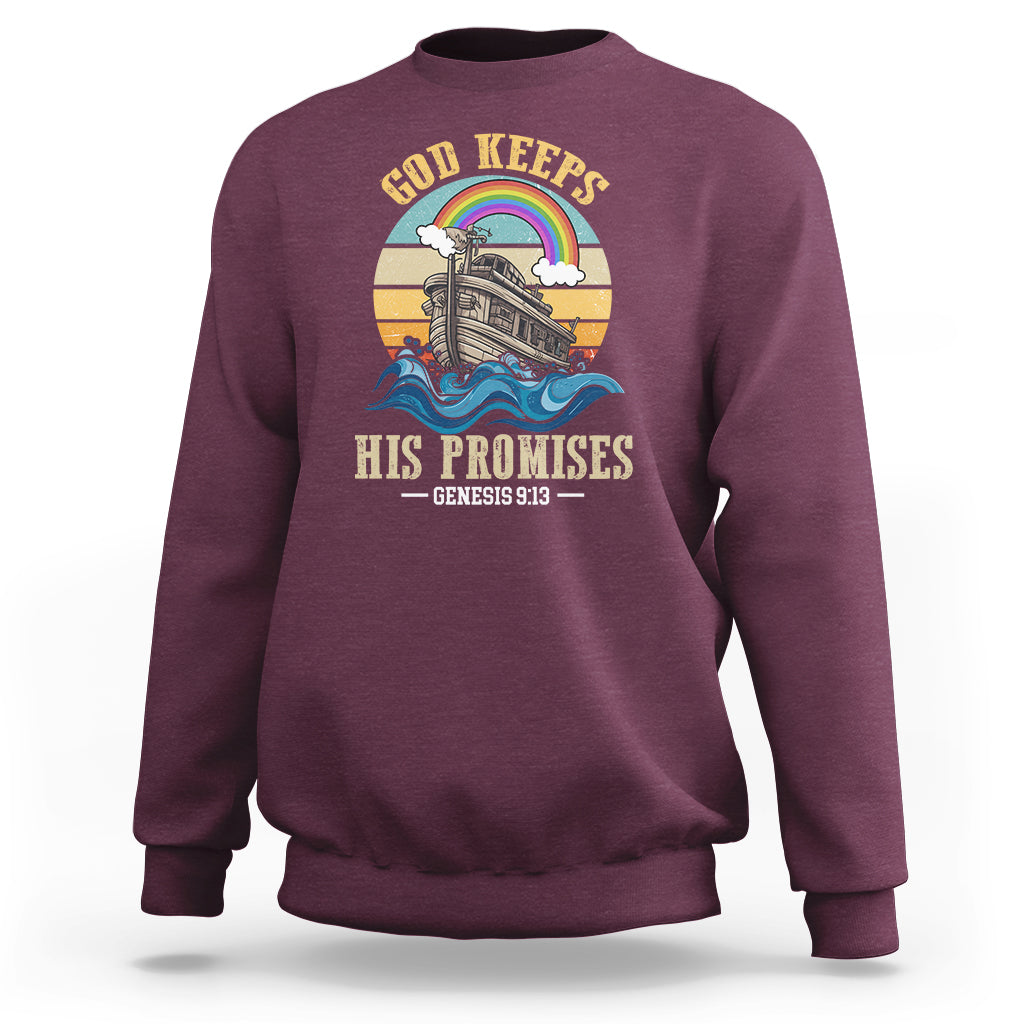 Maroon crewneck sweatshirt with “His Promises” Genesis 9:13 rainbow boat back print