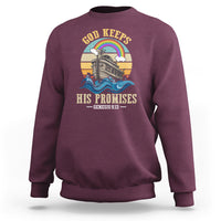Maroon crewneck sweatshirt with “His Promises” Genesis 9:13 rainbow boat back print