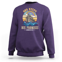 Purple crewneck sweatshirt with “His Promises” Genesis 9:13 rainbow boat back print