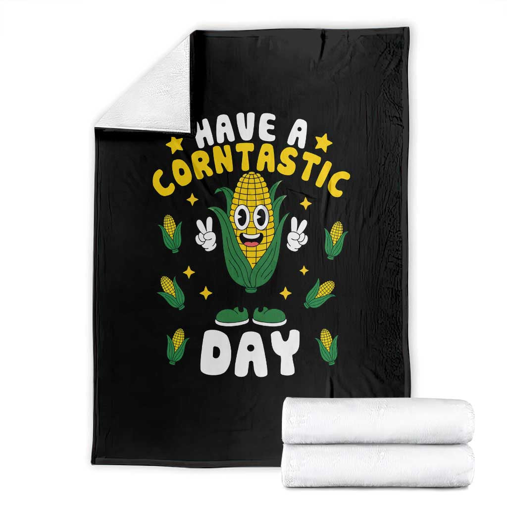 Have A Corntastic Day Retro Funny Corn Pun Throw Blanket Vintage Mascot Positive Vibes