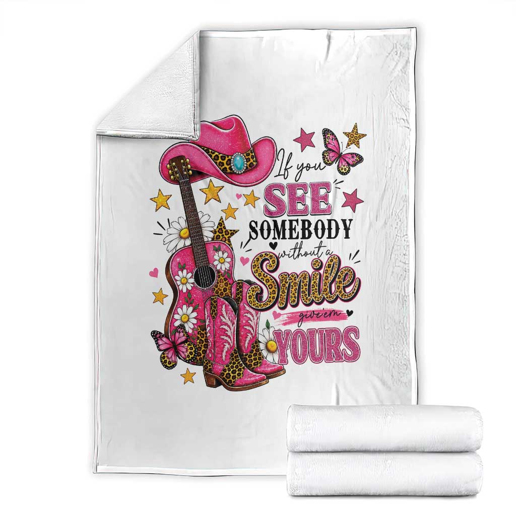 If You See Somebody Without A Smile Give Em Yours Throw Blanket Inspirational Quote Leopard Pink Cowgirl Boots Graphic