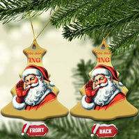 Gold bell-shaped Santa Christmas ornaments with hanging strings, showing “You ain’t getting…” text