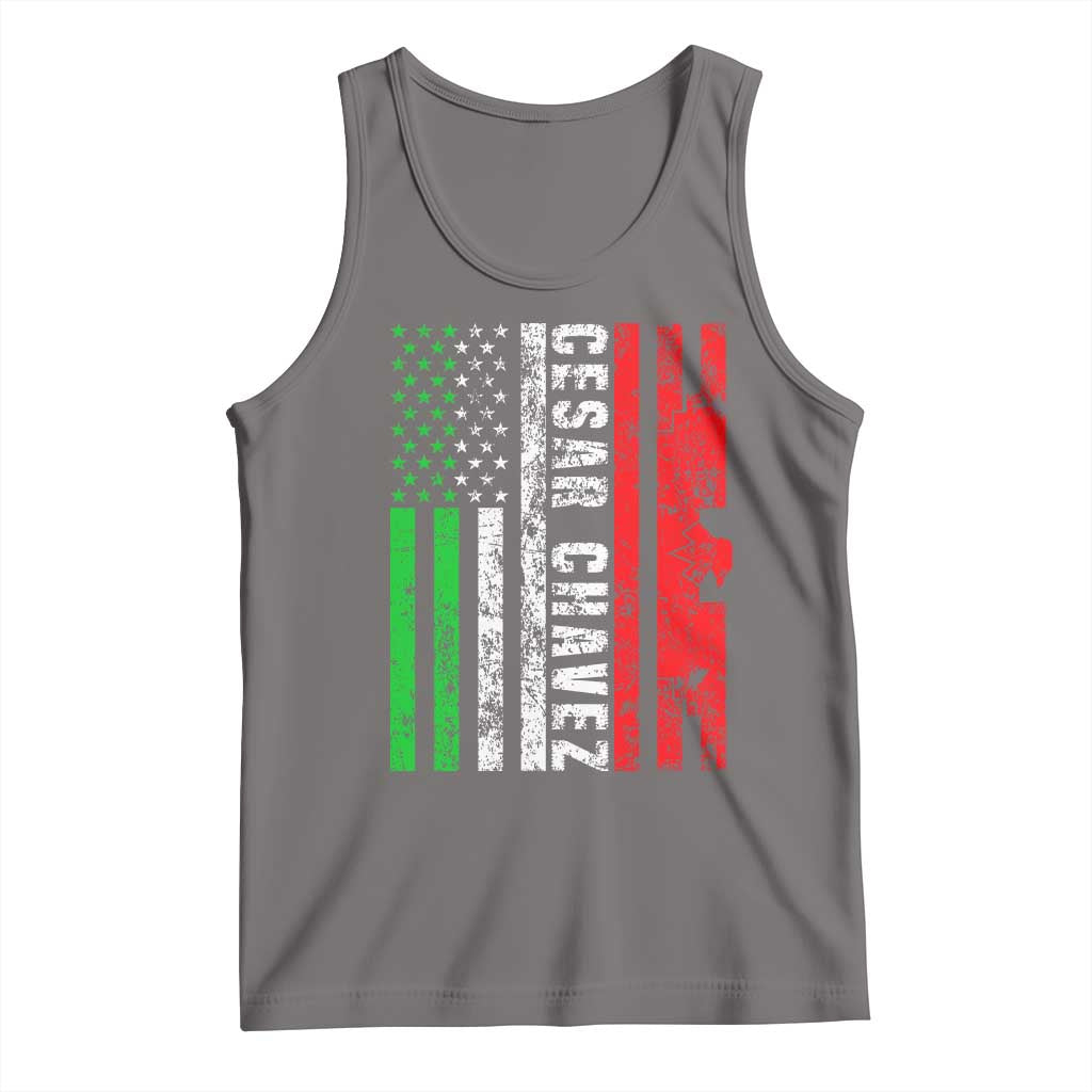 Gray distressed graphic tank top with flag-style print and scoop neckline