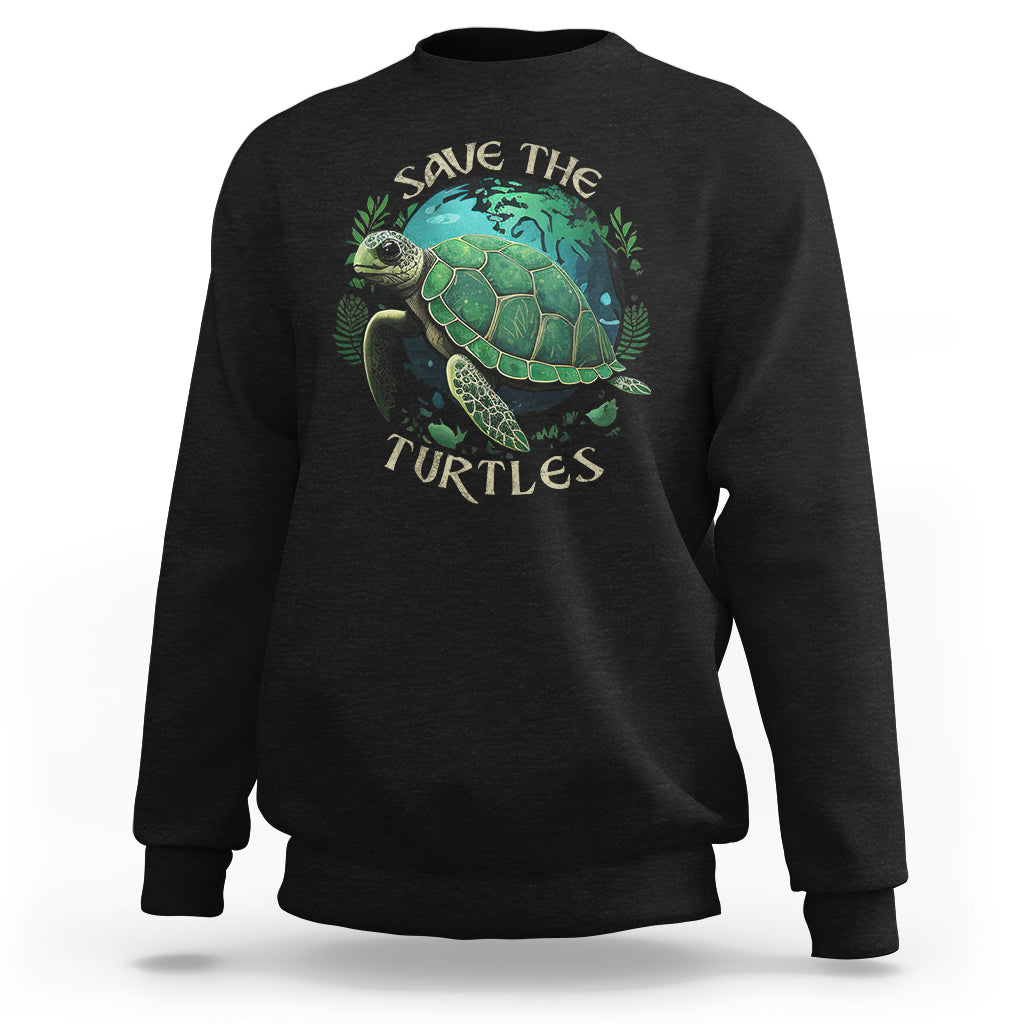 Earth Day sweatshirt in black with turtle “Save The Turtles” graphic on chest.