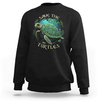 Earth Day sweatshirt in black with turtle “Save The Turtles” graphic on chest.