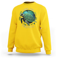 Earth Day sweatshirt in daisy yellow with turtle “Save The Turtles” graphic on chest.