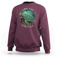 Earth Day sweatshirt in maroon with turtle “Save The Turtles” graphic on chest.