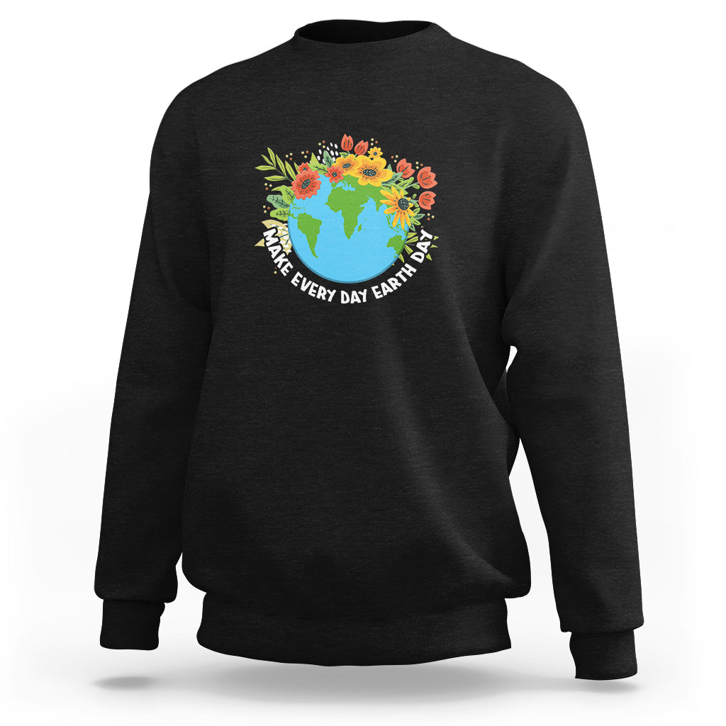 Earth Day sweatshirt, black with front globe and flowers graphic, ribbed cuffs and hem