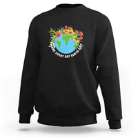 Earth Day sweatshirt, black with front globe and flowers graphic, ribbed cuffs and hem