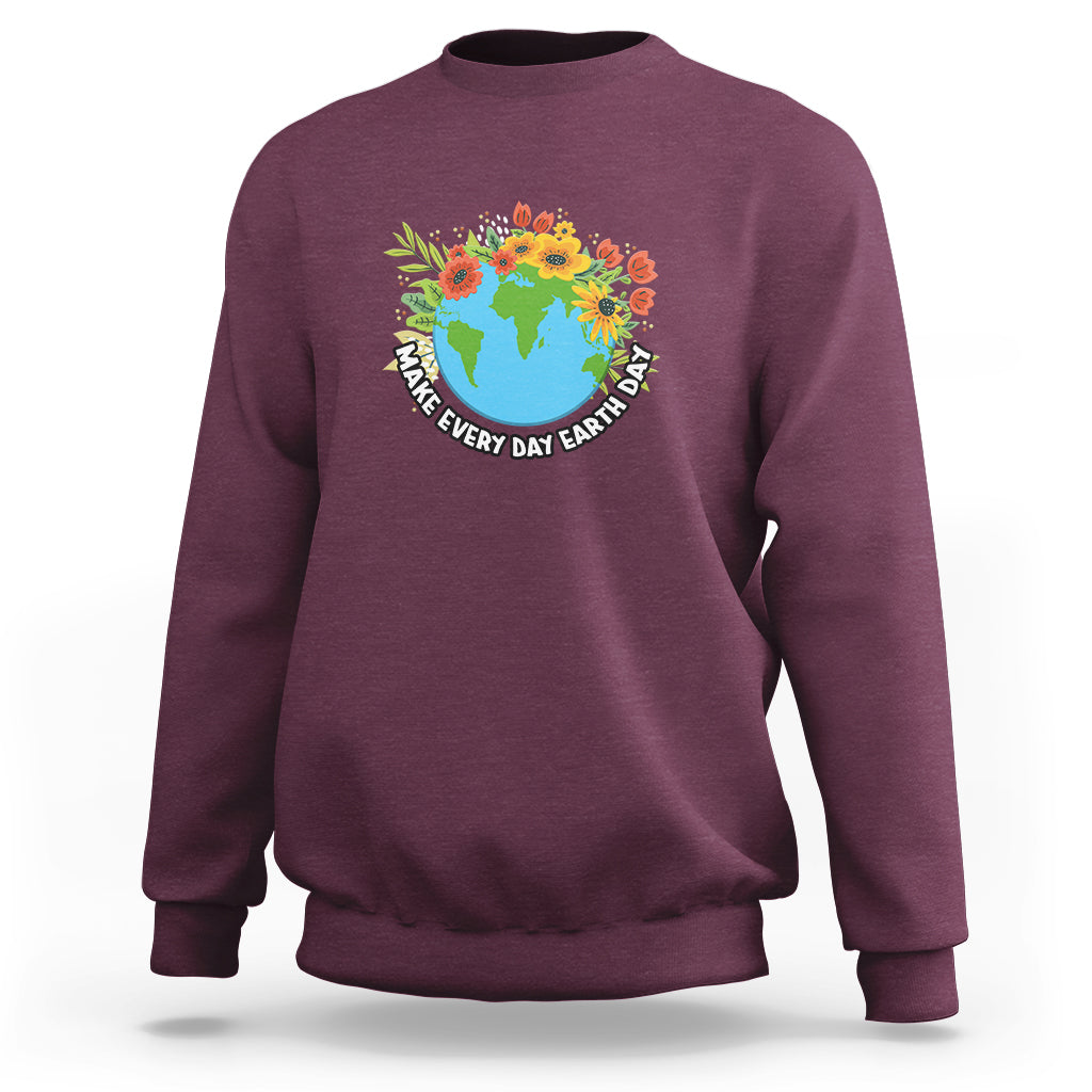 Earth Day sweatshirt, maroon with front globe and flowers graphic, ribbed cuffs and hem