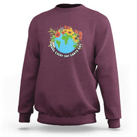 Earth Day sweatshirt, maroon with front globe and flowers graphic, ribbed cuffs and hem