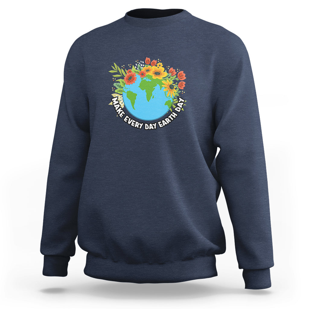 Earth Day sweatshirt, slate blue with front globe and flowers graphic, ribbed cuffs and hem