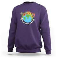 Earth Day sweatshirt, purple with front globe and flowers graphic, ribbed cuffs and hem