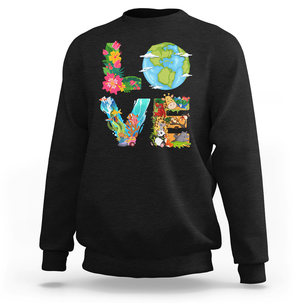 Black crewneck sweatshirt with colorful Earth and wildlife graphic on the front