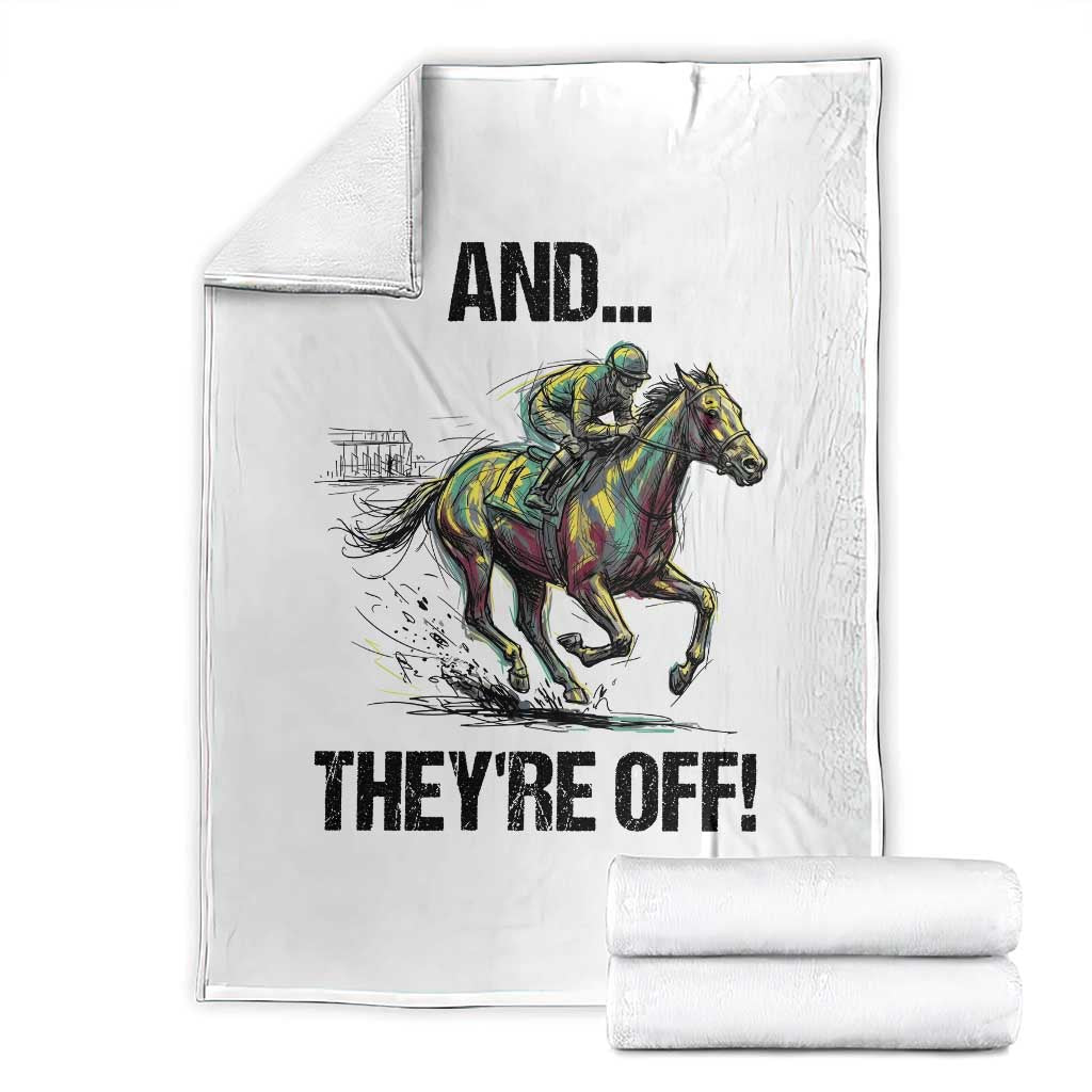 And They’re Off Colorful Horse Racing Sketch Throw Blanket Jockey and Thoroughbred Sprinting Race Day