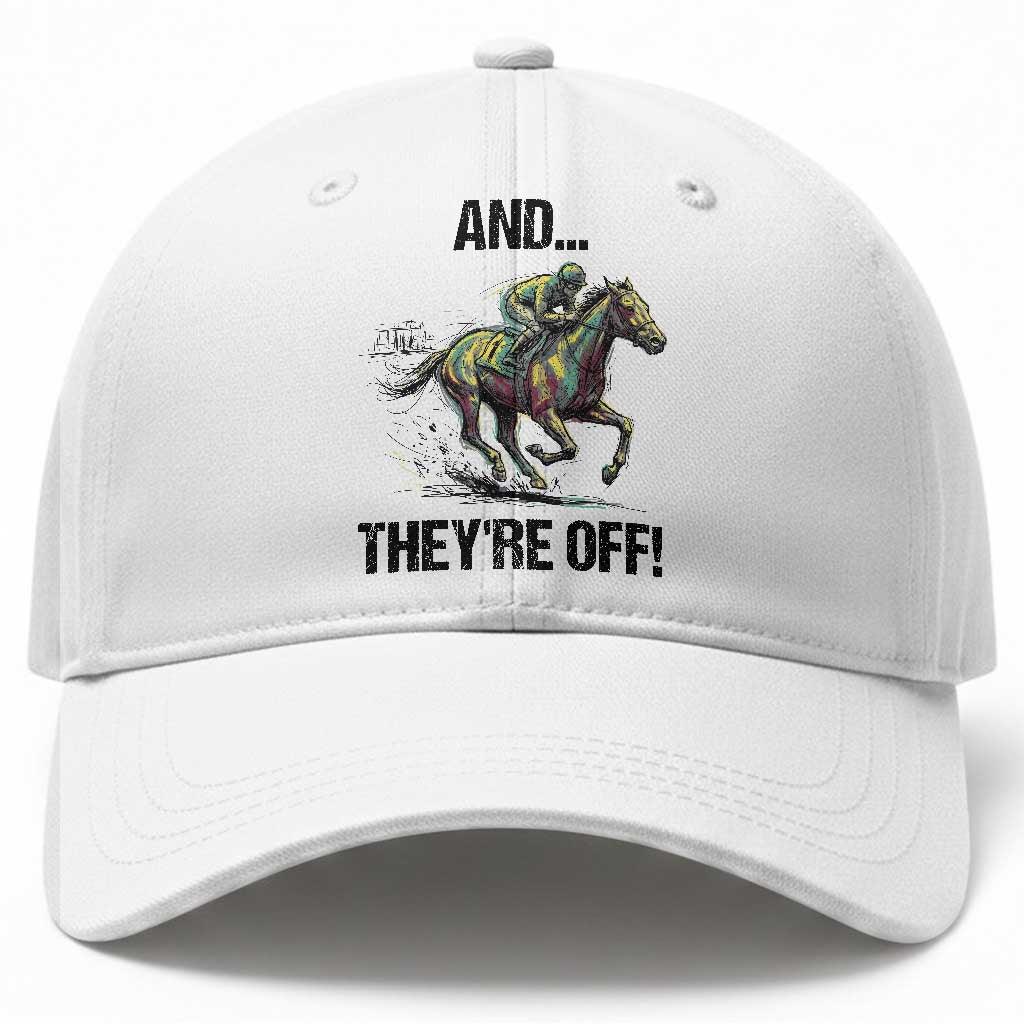 And They’re Off Colorful Horse Racing Sketch Baseball Cap Jockey and Thoroughbred Sprinting Race Day