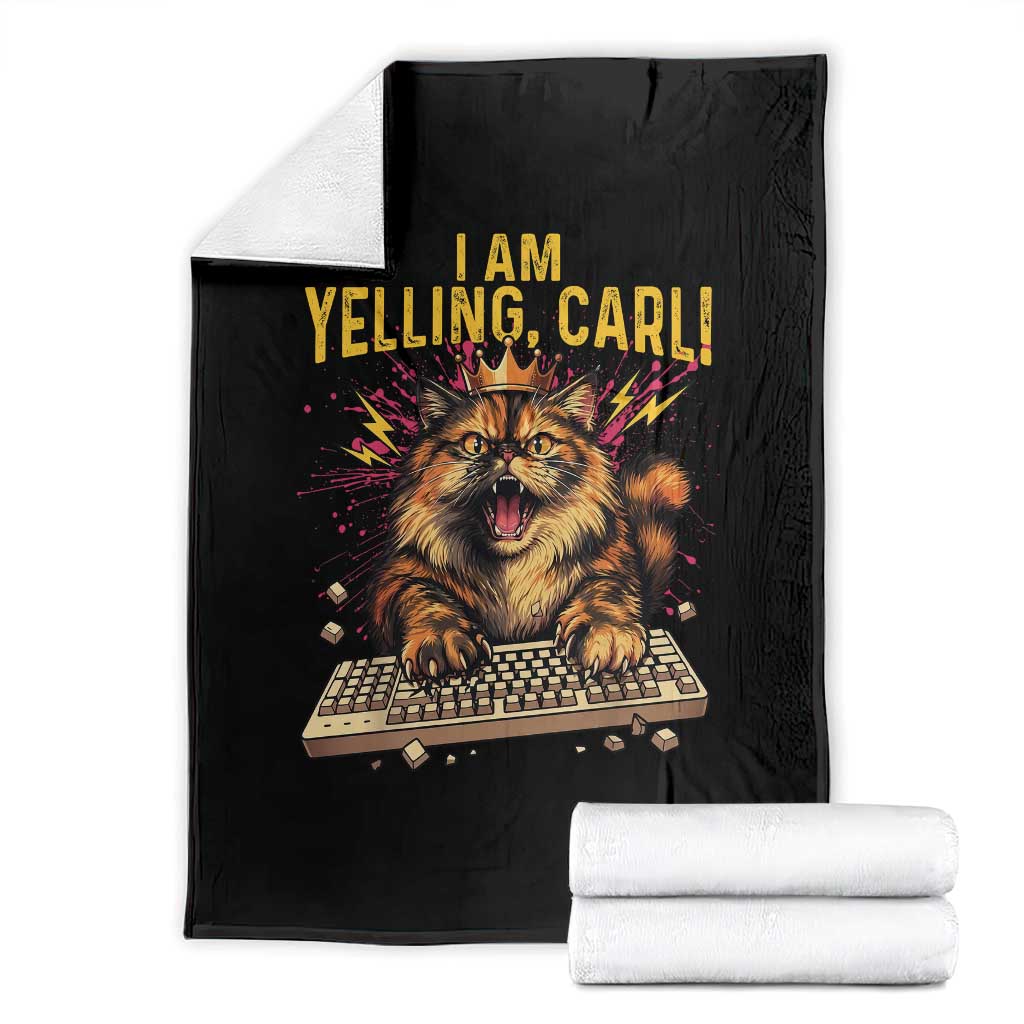 I Am Yelling Carl Graphic Throw Blanket Funny Angry Cat Typing Keyboard Comic Retro