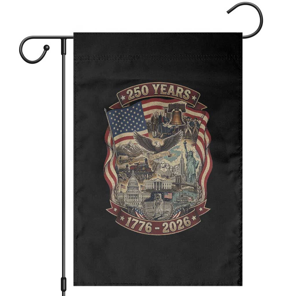 250 Years 1776 to 2026 Ultimate American Landmark Collage Garden Flag Liberty Bell Eagle and US Flag Semiquincentennial Patriotic