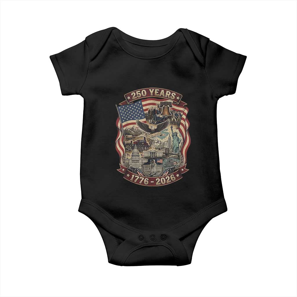 250 Years 1776 to 2026 Ultimate American Landmark Collage Baby Onesie Liberty Bell Eagle and US Flag Semiquincentennial Patriotic