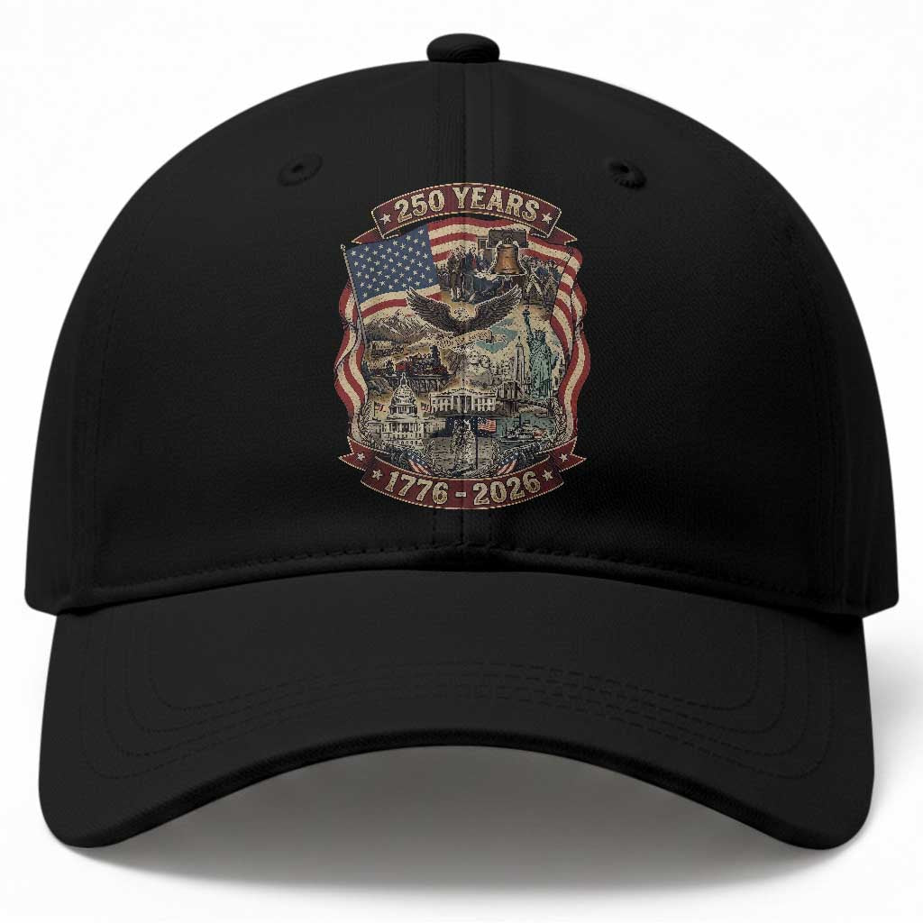 250 Years 1776 to 2026 Ultimate American Landmark Collage Baseball Cap Liberty Bell Eagle and US Flag Semiquincentennial Patriotic