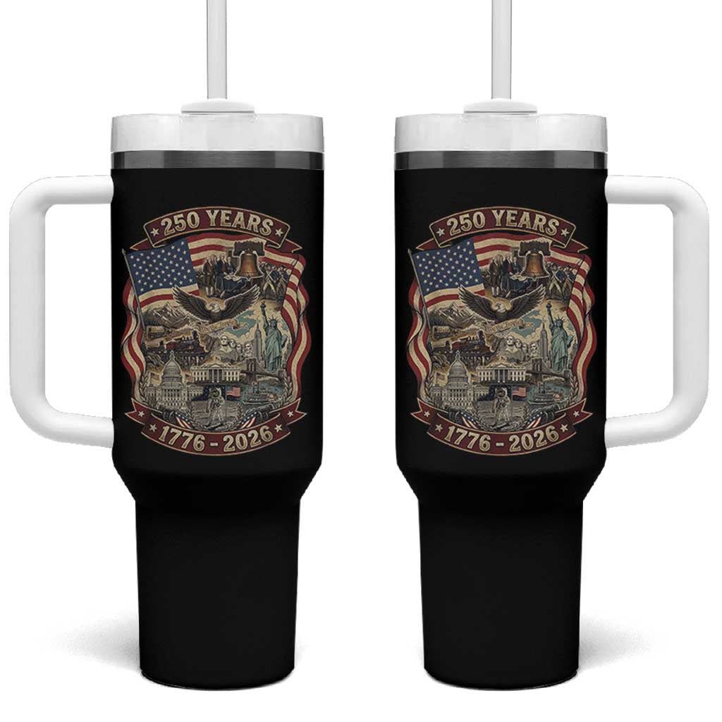 250 Years 1776 to 2026 Ultimate American Landmark Collage Tumbler With Handle Liberty Bell Eagle and US Flag Semiquincentennial Patriotic