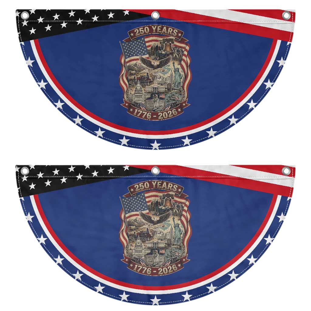 250 Years 1776 to 2026 Ultimate American Landmark Collage Patriotic Fan Flag Liberty Bell Eagle and US Flag Semiquincentennial