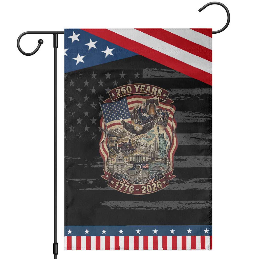250 Years 1776 to 2026 Ultimate American Landmark Collage Patriotic Garden Flag Liberty Bell Eagle and US Flag Semiquincentennial