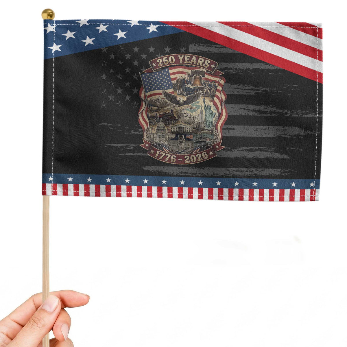 250 Years 1776 to 2026 Ultimate American Landmark Collage Patriotic Handheld Flag Liberty Bell Eagle and US Flag Semiquincentennial