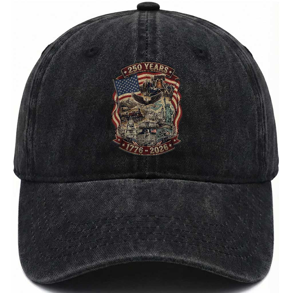 250 Years 1776 to 2026 Ultimate American Landmark Collage Washed Cotton Baseball Cap Liberty Bell Eagle and US Flag Semiquincentennial Patriotic
