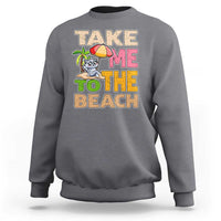 Heather gray sweatshirt with large “Take me to the beach” cat graphic