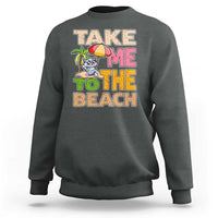 Charcoal gray sweatshirt with large “Take me to the beach” cat graphic