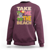 Maroon sweatshirt with large “Take me to the beach” cat graphic