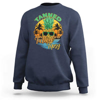Navy crewneck sweatshirt with front 'Tanned Tatted Tipsy' pineapple tropical graphic