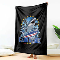 Cabo Verde Surfing Blue Shark Surfboard Throw Blanket Cape Verde Flag Tropical Ocean Wave