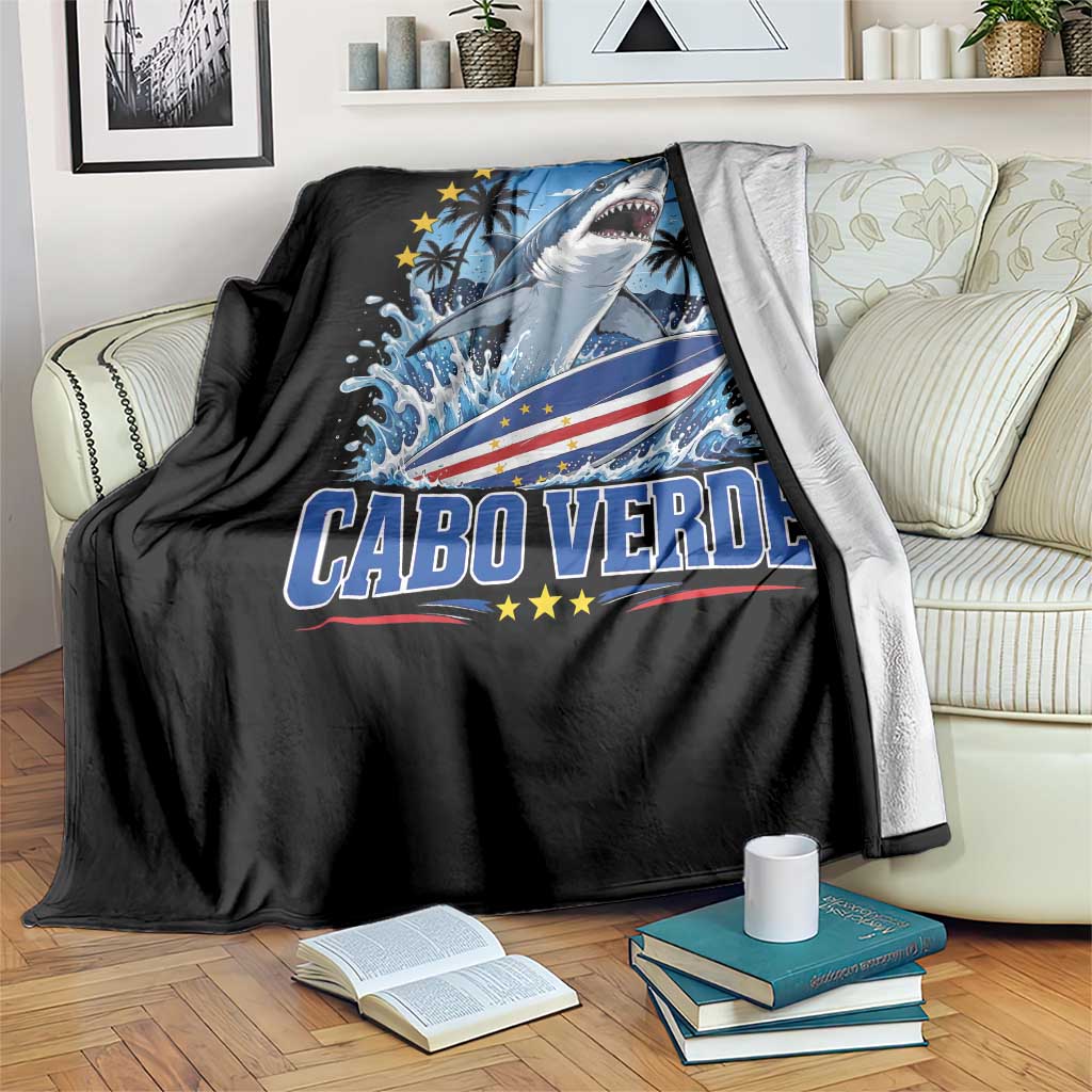 Cabo Verde Surfing Blue Shark Surfboard Throw Blanket Cape Verde Flag Tropical Ocean Wave