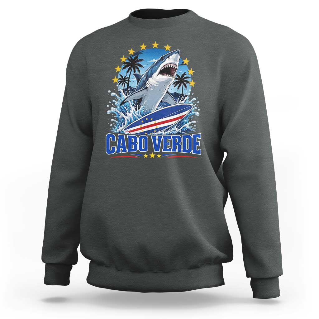 Cabo Verde Surfing Blue Shark Surfboard Sweatshirt Cape Verde Flag Tropical Ocean Wave