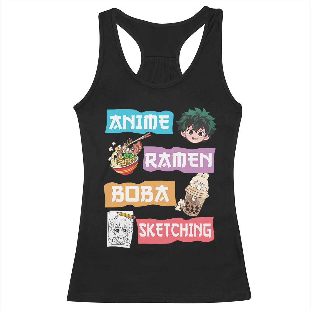 Anime Ramen Boba Sketching Racerback Tank Top Kawaii Otaku Anime Manga Japanese Pop Culture Cute Graphic