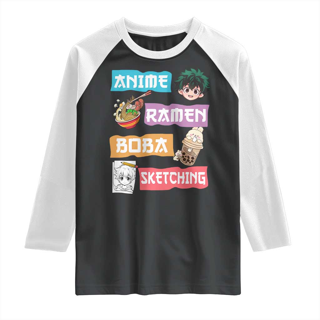 Anime Ramen Boba Sketching Raglan Shirt Kawaii Otaku Anime Manga Japanese Pop Culture Cute Graphic