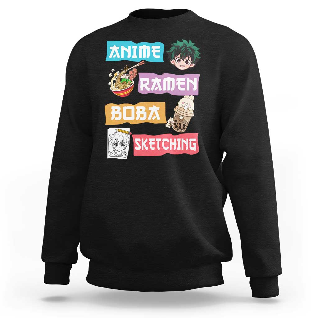 Black crewneck sweatshirt with anime ramen boba graphic and colorful text blocks on chest