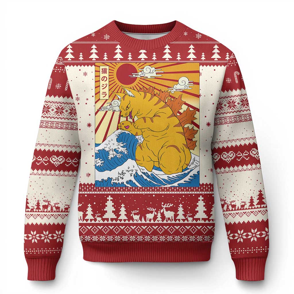 Red Christmas sweater with cartoon cat monster graphic, snowflake and tree knit border