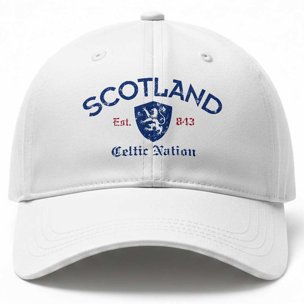Scotland Celtic Nation Est 843 Baseball Cap Lion Rampant Shield Patriotic Scottish Heritage