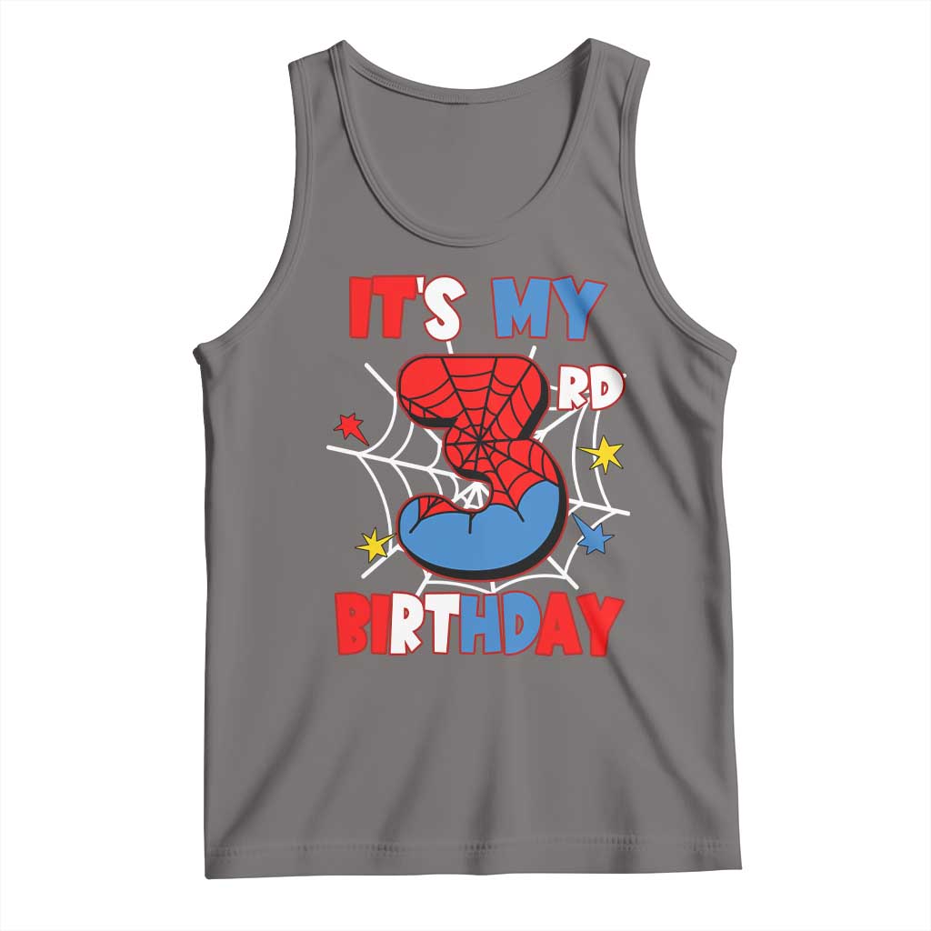 Boys dark gray tank top with spider web graphic and 'It's My 3rd Birthday' print