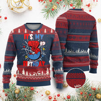 Knitted boys’ birthday sweatshirt in dark navy with red festive pattern and crew neck