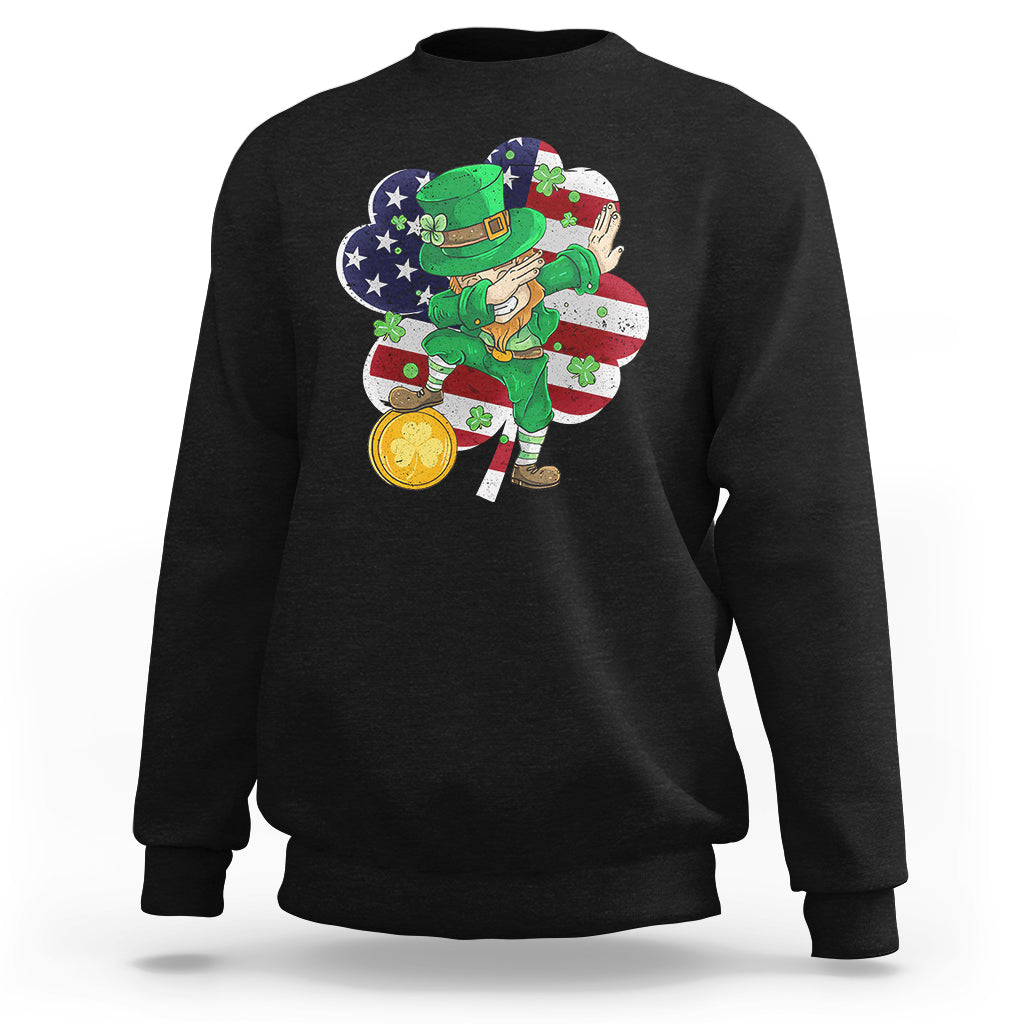 Black crewneck sweatshirt with colorful leprechaun dab graphic and shamrock